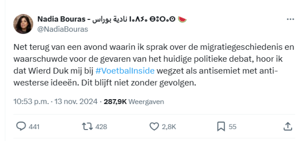 @NadiaBouras
Net terug van een avond waarin ik sprak over de migratiegeschiedenis en waarschuwde voor de gevaren van het huidige politieke debat, hoor ik dat Wierd Duk mij bij #VoetbalInside wegzet als antisemiet met anti-westerse ideeën. Dit blijft niet zonder gevolgen.
10:53 p.m. · 13 nov. 2024
·