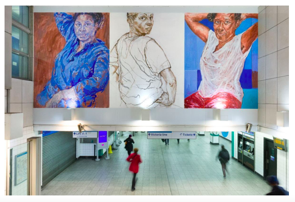 Photo: Three Claudette Johnson portraits above a walk way in Brixton Underground station - each depicting a women; on the left a  semi reclining woman in a blue shirt; in the middle a more monochrome deception of a women in a tee shirt looking back over her shoulder; on the right, a women in a white vest & red trousers with her hands behind her head.... all what we might call 'normal people'