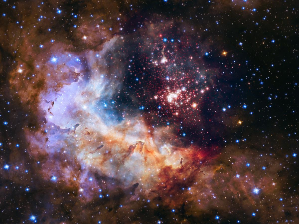 A star cluster surrounded by a colorful nebula. In the center is a roughly circular cluster of thousands of stars seen as white and red points of light, some with Hubble's characteristic 4-pointed diffraction spikes. Surrounding the cluster is a nebula in shades of white, purple, red, blue and brown. The nebula is densest on the left half of the frame. The stars have carved a spherical cavity into the gas and dust of the nebula, causing the inner shell of the nebula to glow. Protruding from the inner edge of the cavity are several irregular, column-like pillars of dense gas and dust, which point to the central star cluster.