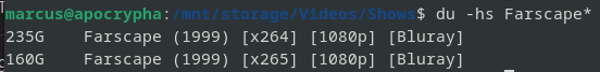 A screenshot of me running du -hs on both copies of Farscape.  The x264 version is 235GB, the x265 version is 160GB.
