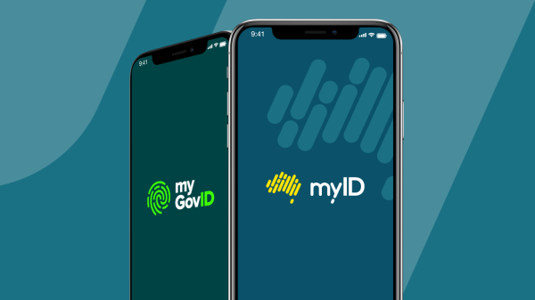 Marketing image for Australian Government's 'myID' initiative. 

Portrays two smart phones, one at an angle, the other forward facing showing the 'myGovID' logo and 'myID' logos respectively.