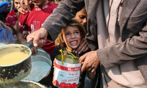 Una niña llora mientras trata de conseguir comida en un reparto benéfico en Deir Al-Balah, centro de Gaza, el 10 de noviembre de 2024. (Ramadan Abed / Reuters)