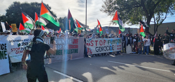 Shut Down the JNF and other banners at the head of a massive protest march. 