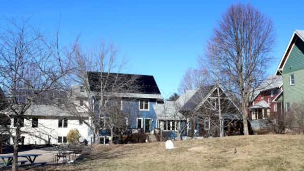 Village houses in a snowless winterscene