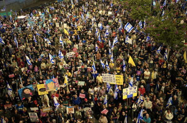 Aerial shot of protestors in Tel Aviv, Israel 