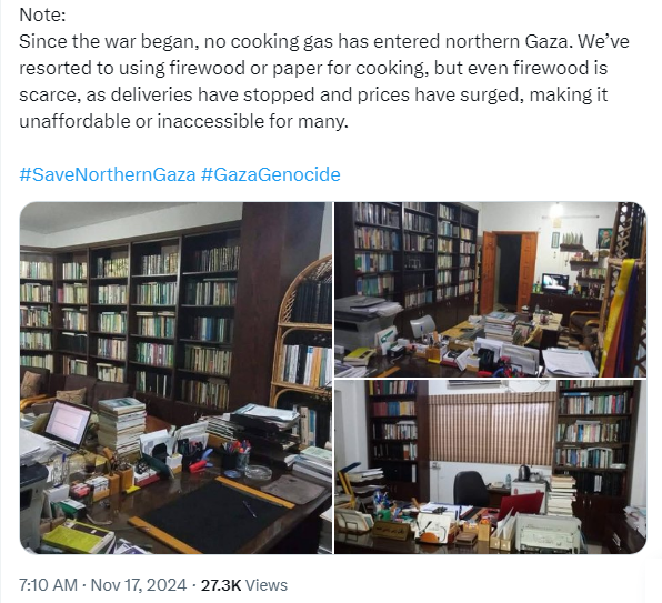 Screenshot of https://x.com/ezzingaza/status/1857909049532010610

With three pictures that show bookshelves full of books inside a doctor's library. 