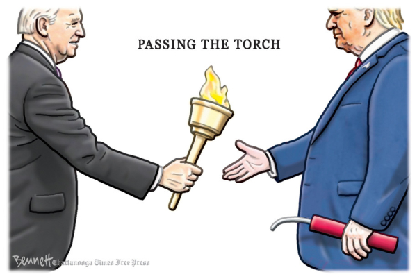 A cartoon by Clay Bennett.  Biden passing the torch to Donald Trump, who is holding a stick of dynamite.