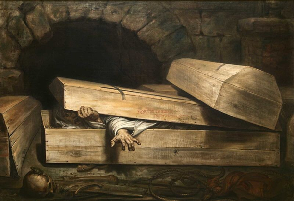 Painting of a person opening a coffin they are lying in from the inside, looking scared.