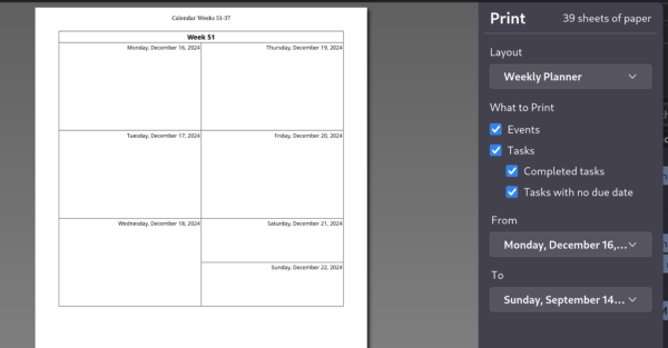 screenshot of the thunderbird calender printing dialogue, but its just an uninteresting empty week