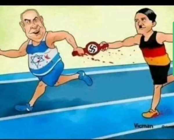 Cartoon depicting two runners in a relay race. One runner, resembling Adolf Hitler in a German uniform, passes a baton with a swastika symbol to another runner in an Israeli-themed outfit. The Israeli runner's attire features the Star of David and a menorah, symbolizing a controversial and provocative handover.