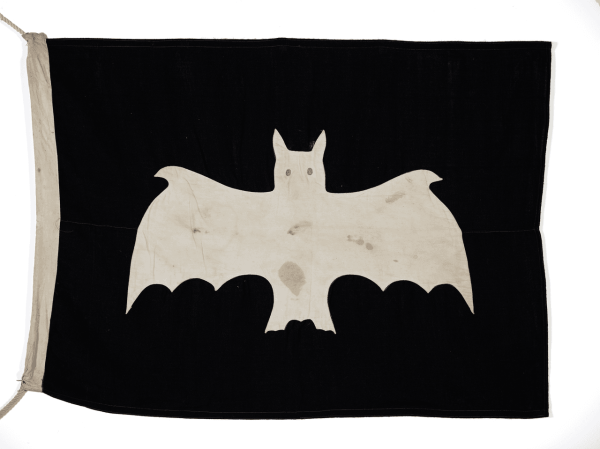 Signal flag of HMAS Vampire II.

A simple white bat on a black background. A bit more detailed than the batman symbol.