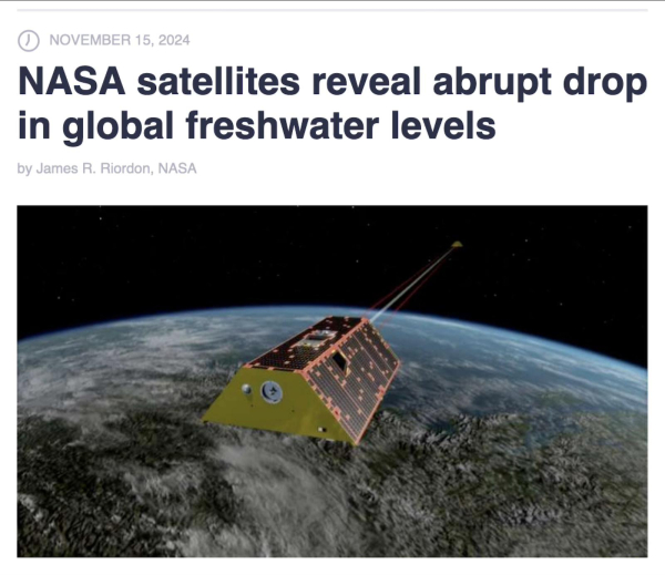 Screenshot from top of linked article. Headline says: "NASA satellites reveal abrupt drop in global freshwater levels." Below this is an artist's conception of the GRACE satellite orbiting the Earth. (See first comment below.)