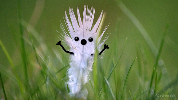 A photo of a damp, small, fluffy white feather standing upright in a mess of grass. Most of the grass, both foreground and background, is blurred. The white feather is still fluffy on the bottom half, and there are small drops of water on the fluff. The top is flat and damper, and it is sticking up in points, like a punky hairdo. It has upturned armed and a shocked expression drawn on.