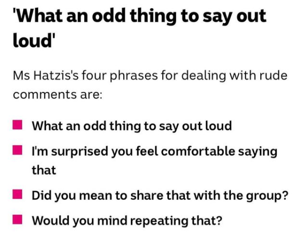 'What an odd thing to say out loud'

Ms Hatzis's four phrases for dealing with rude comments are:

-- What an odd thing to say out loud

-- I'm surprised you feel comfortable saying that

-- Did you mean to share that with the group?

-- Would you mind repeating that?