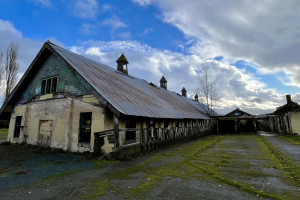 Ruins of a farm complex with quaint belfries along one dairy building, apparently a cannery on the other side. All under skies of blue and billowy clouds.