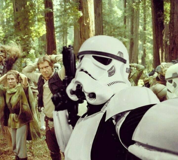 Stormtrooper takes selfie after capturing Han and Leia and Chewy on the forest moon of endor