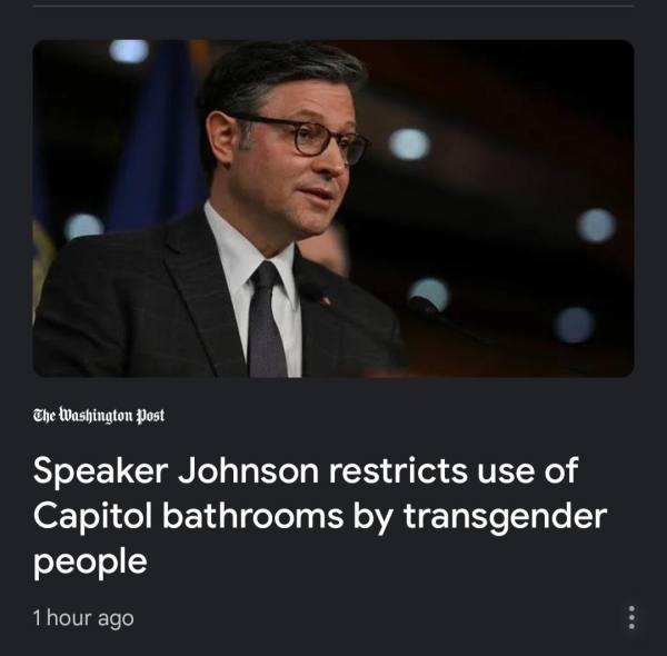 The Washington Post

Speaker Johnson restricts use of Capitol bathrooms by transgender people

1 hour ago