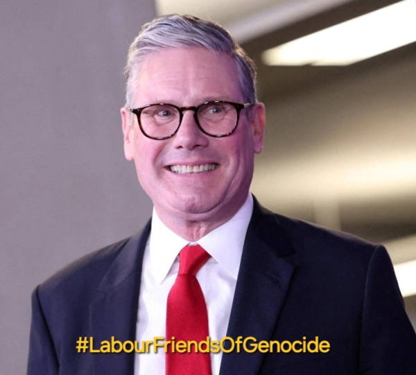 Smiling Keir Starmer. #LabourFriendsOfGenocide strapline