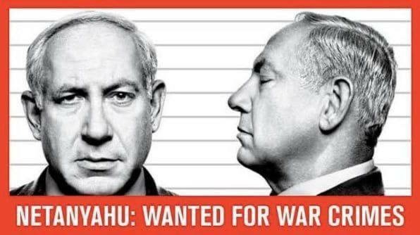 Photos de Netanyahu de face et de profil avec en dessous blanc sur orange et en majuscule : NETANYAHU WANTED FOR WAR CRIMES