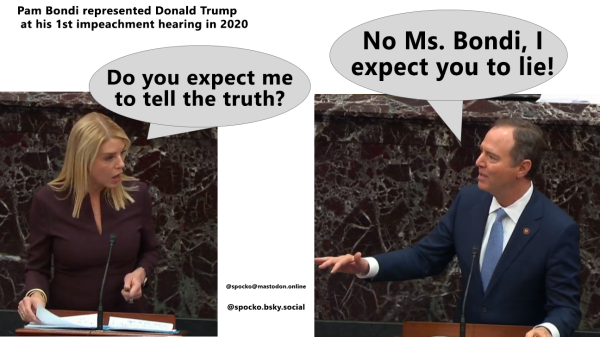 Pam Bondi represented Donald Trump at his 1st impeachment hearing in 2020.
Bondi Text bubble, Do you expect me to tell the truth? 
Schiff replies, "No Ms. Bondi, I expect you to lie!" 