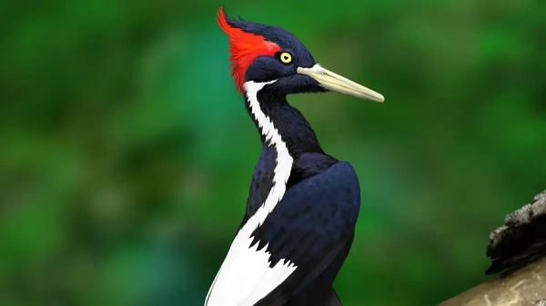 A picture of an ivory-billed woodpecker on a green background. It is black with a white stripe down its neck to the white wing tip. It also has a pointy crown of red feathers on the back of its head.