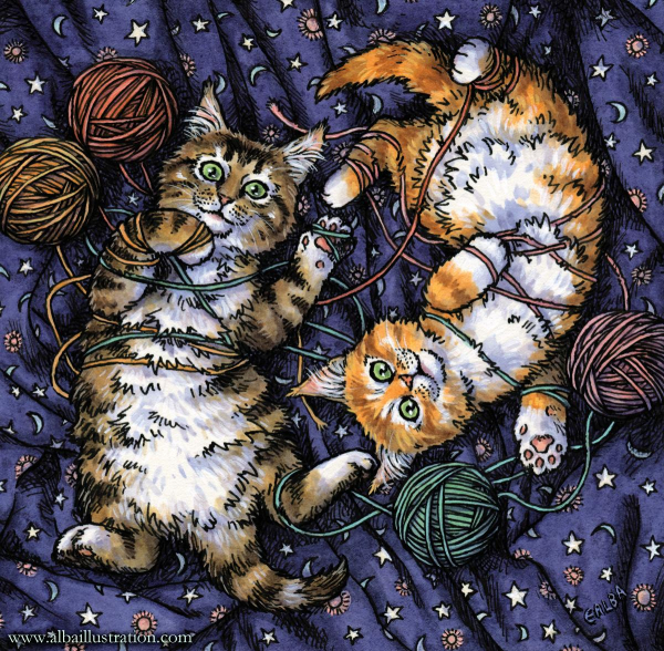 Illustration of two cats tangled with yarn lying on a blanket and looking up at the viewer with smiles.