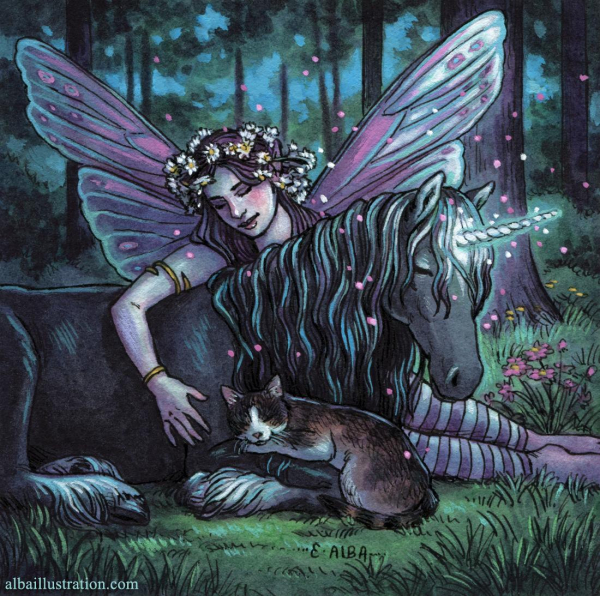 Illustration of a fairy with her arm around a slumbering black unicorn. There is a cat sleeping on the unicorn's front legs. Night in the forest.