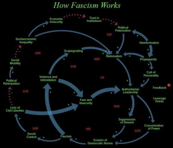 Diagram: shows network of causes & factor sin the rise of racism & their interconnectedness, including factors such as:
Economic insecurity;
Trusts in institutions 
Social mobility;
Political participation;
Politics of participation;
Fear & insecurity;
Authoritarian leadership;
Cult of personality.... and many more