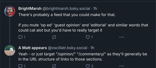 a bluesky discussion about whether we can mute /opinion and /commentary text from that platform that appears in URL slug.