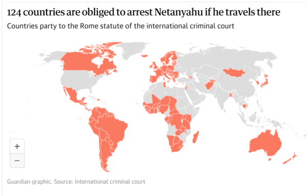 Worldmap 
124 countries are obliged to arrest Netanyahu if he travels there
Countries party to the Rome statute of the international criminal court