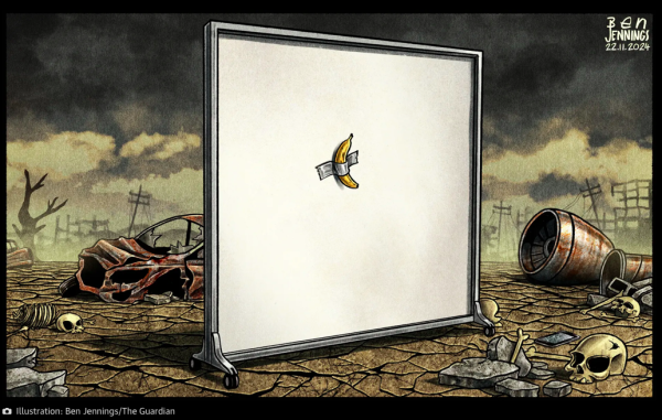 Cartoon: mind a post apocalyptic landscape a white board with a banana duct-taped to it stands alone... alluding to the sale this week of the price of $5.2mn achieved by Maurizio Cattelan’s 'sculpture' 