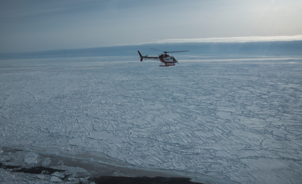 A helicopter flying over vast fields of sea ice off East Antarctica