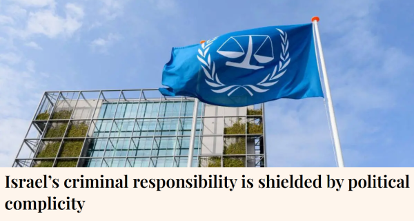 Israel’s criminal responsibility is shielded by political complicity.

Picture: Flag with the logo of the of the International Criminal Court (ICC) on March 29, 2022 in Den Haag, Netherlands.