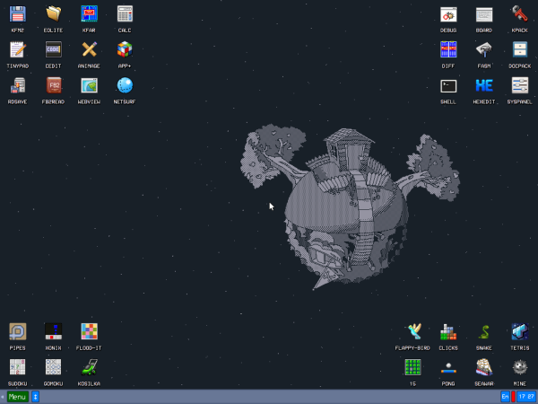 [ImageSource: KolibriOS]

Screenshot of the KolibriOS desktop on first boot with default wallpaper.

As a fork of 32-bit MenuetOS back in 2004, KolibriOS has since followed its own course, sticking to the x86 codebase and requiring only a modest system with an i586-compatible CPU. Unlike MenuetOS’ proprietary x86_64 version, there’s no 64-bit in KolibriOS, but at this level you probably won’t miss it.

<https://wiki.kolibrios.org/wiki/Hardware_Support#Network>