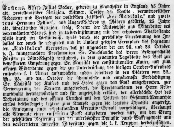 detail of broadside on Alfred Julius Becher and Hermann Jellinek (their religions, ages, career paths, revolutionary activity)

background:

Becher
(although a Protestant, as noted in the broadside, he appears in the old Jewish Encyclopedia)
https://www.jewishencyclopedia.com/articles/2703-becher-alfred-julius

https://de.wikipedia.org/wiki/Alfred_Julius_Becher

https://www.geschichtewiki.wien.gv.at/Alfred_Julius_Becher

Jellinek:

https://en.wikipedia.org/wiki/Hermann_Jellinek

https://spotlight.anumuseum.org.il/austria/person/jellinek-hermann-1822-1848/