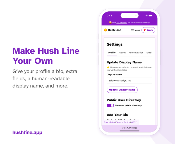 The image promotes account control features of Hush Line. On the left, large purple text reads, “You Control Your Account,” followed by smaller text that says, “Hush Line is free, but you can easily delete your account at any time for any reason.” On the right, a smartphone screen shows the “Advanced” settings tab of the Hush Line app, where users can manage paid features or delete their account. A warning note states that deleting the account is permanent. The website “hushline.app” is displayed at the bottom left, with a curved purple accent on the right side of the image.