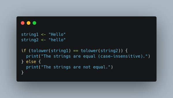 A screenshot of R code comparing two strings, "Hello" and "hello", using a case-insensitive comparison. The code converts both strings to lowercase with tolower() and checks if they are equal. If they are, it prints "The strings are equal (case-insensitive)." Otherwise, it prints "The strings are not equal." The code is displayed in a dark-themed code editor.