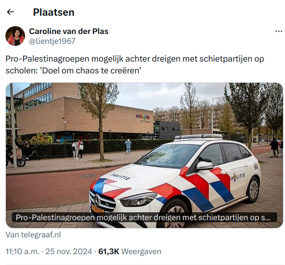 Tweet Caroline van der Plas: Pro-Palestinagroepen mogelijk achter dreigen met schietpartijen op scholen: ’Doel om chaos te creëren’