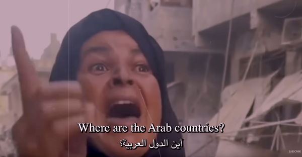 screenshot from Lowkey video: https://www.youtube.com/watch?v=ivXiYqbCMt8

woman in destroyed Palestine screaming "Where are the Arab countries?"