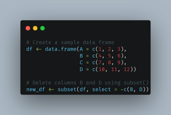  A screenshot of R code demonstrating how to create a data frame and delete specific columns. The code creates a data frame with columns A, B, C, and D, and then uses the subset() function to remove columns B and D.