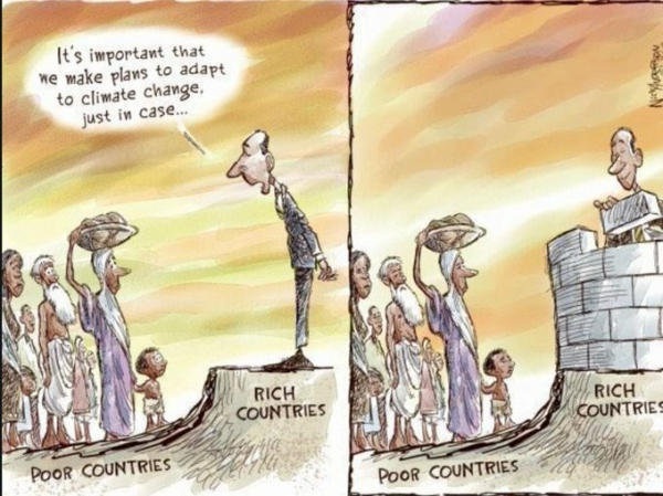 Cartoon: poor countries trying to get help from richer ones. "It's important that we make planos to adapt to climate chance. Just in case..."
rich countries increasing borders to avoid poorer ones.