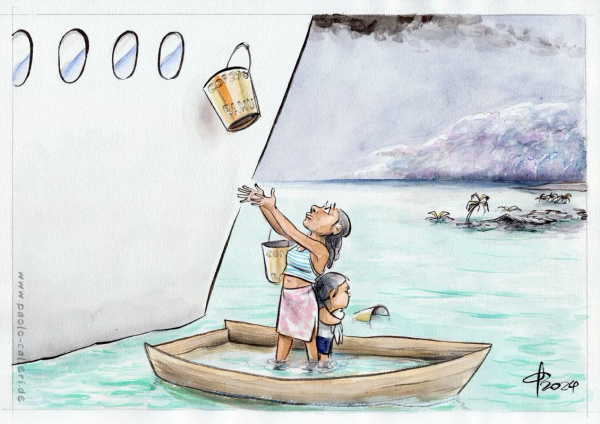 Cartoon of woman and child in a wooden small boat. The boat is half full with water. The child looks to a flooded island afar. The mother is holding a bucket given to her from someone unseen in a yatch floating next to them. A bucket hangs from the yatch however not reachable for the mother. The hanging bucket has the text COP29.