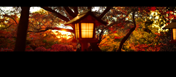 A panoramic photo comprised of six separate vertically shot frames stitched together, made during the autumn of 2023, at Todoroki Shrine in Tokyo, Japan. 

This was shot at a short telephoto focal length - 105mm - and the same plane of focus was maintained across all of the individual photos.

I like working in panorama like this: the perspective, viewing angle and depth of field of the long lens but the wide view you get when you shoot a wide angle of multiple frames and stitch them.

A Japanese shrine lantern is the focus of the shot. It's lit, as dusk is approaching.We're standing on the deck behind the shrine's main buildings, at the top of the stairs that head down into the nearby ravine. 

Hence, we're at tre canopy height. It's a wonderful viewpoint. One of my favourites for autumn tree shots in Tokyo. 

Three or four trees are in the photo. At varying distances from the camera. Their trunks and branches are rendered a deep black, as I've pitched the exposure of the photo towards the bright elements of the scene. 

The sun is about to set. The last burst of light from it is right behind the lantern. The leaves on all the trees are backlit and their rich golden hues - from yellow through to deep red - give the whole scene a wonderful warmth.