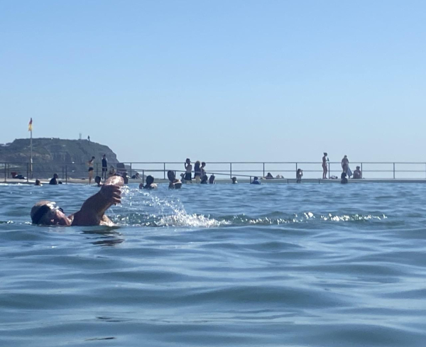 Freestyle swimmer taking a breath. Blue water and sunshine in the  Merewether Baths. In the background, the red and yellow surf lifesaving flag is flying, people are enjoying the water and sun, and Bar Beach headland rises up in the distance. 