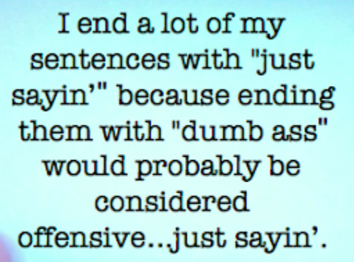 I end a lot of my sentences with “just sayin’” because ending them with “dumb ass” would probably be considered offensive…just sayin’.