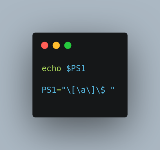 A minimalist illustration of a Linux terminal window with a dark theme. The terminal displays two commands: echo $PS1 in green and PS1="$$\a$$\$ " in blue. The window has three colored buttons (red, yellow, and green) in the top-left corner, resembling a macOS-style interface. The background is a soft gradient of light gray and blue.