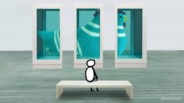 A pastiche of Hirst's Myth Explored, Explained, Exploded (1993), which had a shark split into three containers. The three containers here contain a large knitted chicken against a white wall and plain green tinged wooden floor. A simple  drawn figure sits on a bench and contemplates the work.