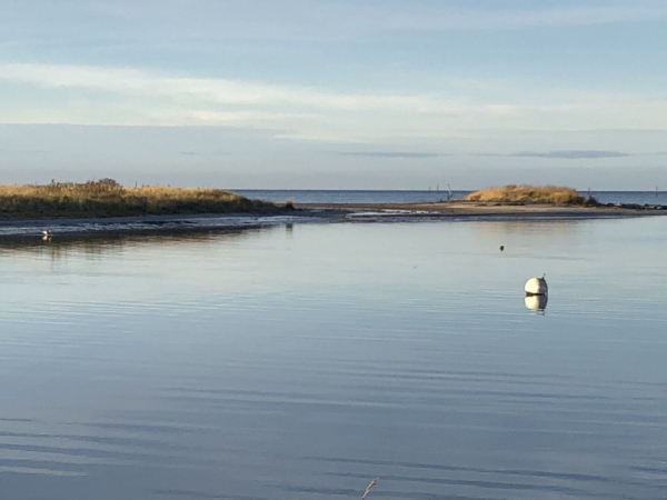 Panorama über fast glattes Wasser auf der linken Seite gerahmt von Inseln mit Strand und Bewuchs. Eine weiße Boje weit hinten. Hinter den Inseln gekräuselt die See.