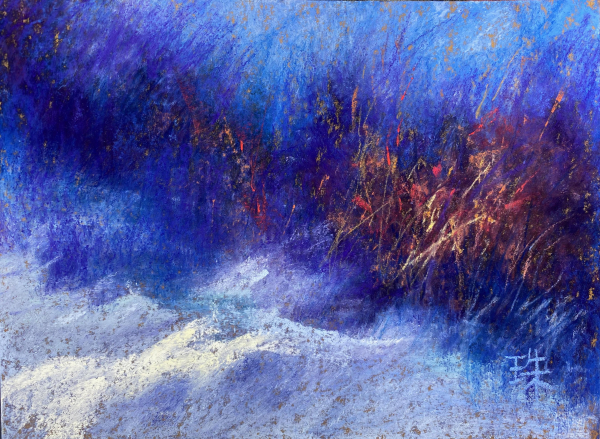 A small, very textured pastel painting. Blue and white, some yellows, depicting wild brushes in the snow. Somewhat abstracted.