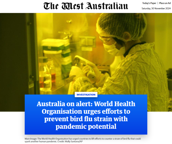 Australia on alert: World Health Organisation urges efforts to prevent bird flu strain with pandemic potential. By John Flint